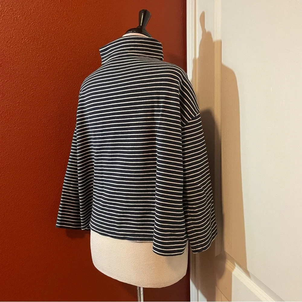 Emerson Fry Women’s Funnel Neck Blue & White Striped Cotton Terry Tuckernuck Top